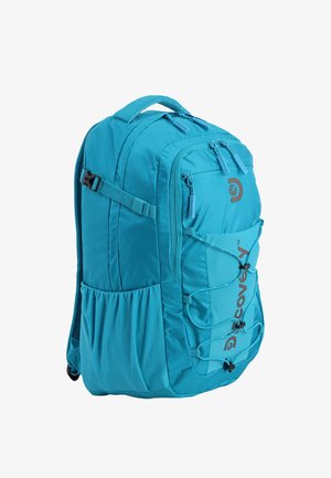 Blauer Discovery-Rucksack mit mehreren Reißverschlusstaschen, Seitentaschen, verstellbaren Riemen und elastischem Kordelzug an der Vorderseite.