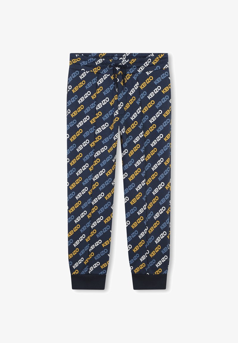 Marineblauwe sweatpants met een volledig diagonale "KENZO" tekstprint in het wit, blauw en geel, voorzien van een verstelbare tailleband en ribgebreide boorden.