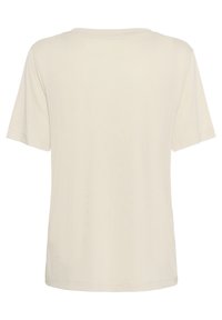 Lyhythihainen beige t-paita, jossa on pyöreä kaulus. Sileä kangas, normaali istuvuus, eikä näkyviä kuvioita tai koristeita.