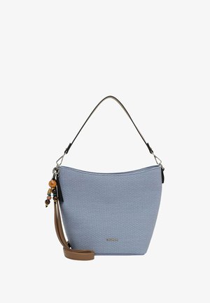 Lyseblå tekstureret håndtaske med sort skulderrem, aftagelig brun crossbody-rem og trætaske med perletassel.
