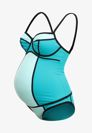 Schwangerschaftsschwimmsuit in Türkis und Hellblau, mit einer figurbetonten Passform, verstellbaren Trägern und schwarzen Akzenten, die die Nähte umreißen.