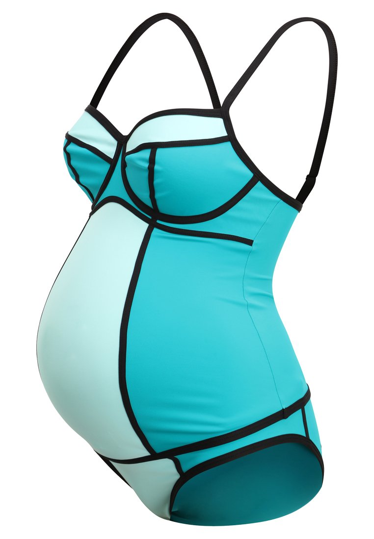 Schwangerschaftsschwimmsuit in Türkis und Hellblau, mit einer figurbetonten Passform, verstellbaren Trägern und schwarzen Akzenten, die die Nähte umreißen.