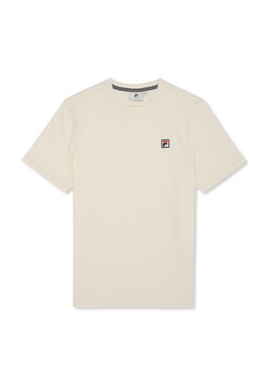 Crème korte mouwen t-shirt van katoen met een ronde hals en een klein zwart, rood en wit logo op het linkerdeel van de borst.