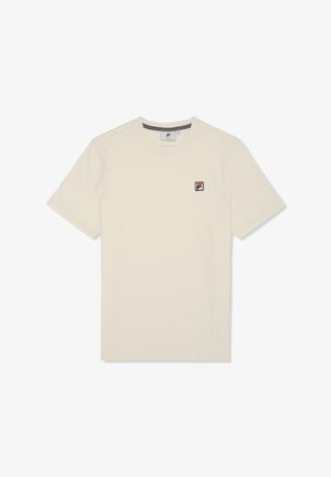 Cremefarvet t-shirt med korte ærmer lavet af bomuld, rund halsudskæring og et lille logo i sort, rød og hvid på venstre brystområde.