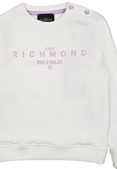 Felpa bianca in misto cotone, presenta il testo rosa "JOHN RICHMOND BORN IN ENGLAND" e un colletto rotondo con due bottoni decorativi.