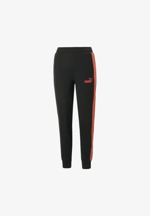 Zwarte Puma joggingbroek met rode zijstrepen en rood Puma-logo op de bovenkant van het bovenbeen, elastische tailleband en boorden.