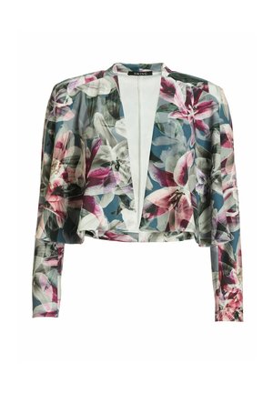 Giubbotto floreale leggero con maniche lunghe. Caratterizzato da un design corto in diverse tonalità di verde, rosa e bianco con una stampa botanica.