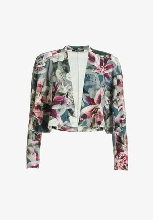 Veste légère florale à manches longues. Caractérisée par un design court dans des teintes de vert, rose et blanc avec un imprimé botanique.