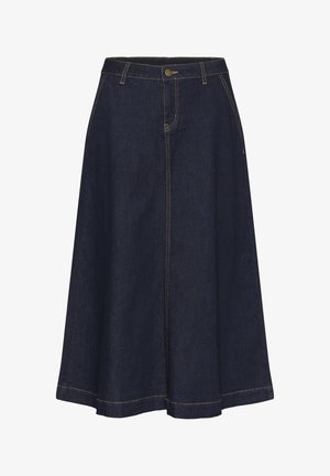 Jupe en jean bleu foncé avec un design évasé. Présente des coutures visibles en fil jaune contrastant et une fermeture frontale à boutons.