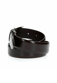Cintura in pelle marrone con finitura lucida, texture liscia e fibbia rettangolare in metallo argento. Presenta diversi fori per la regolazione.