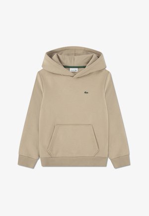 Beige hooded sweatshirt made of soft fabric, featuring a kangaroo pocket, ribbed cuffs, and a small green logo on the chest.