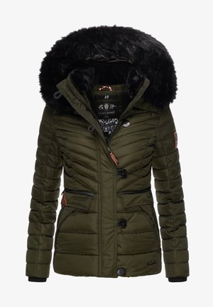 Padded parka in olive green with a faux fur hood, black accents, button closures, and zippered pockets; features a textured, quilted design.