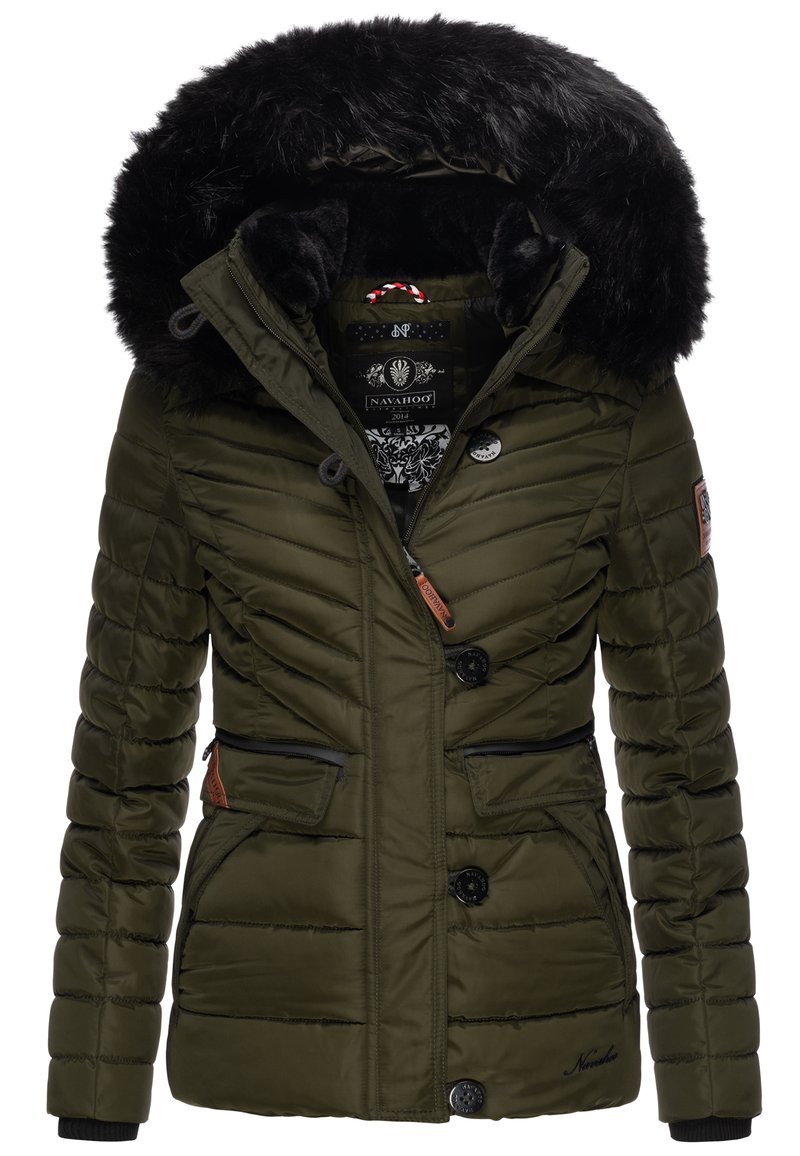 Padded parka in olive green with a faux fur hood, black accents, button closures, and zippered pockets; features a textured, quilted design.