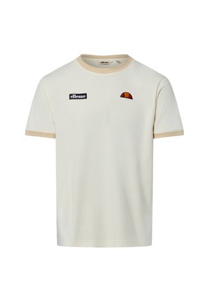 Cremefarbenes kurzärmeliges T-Shirt mit beigen Besätzen, schwarzem ellesse-Logo auf der linken Brust und rotorangem Halbkreis-Emblem auf der rechten Brust.