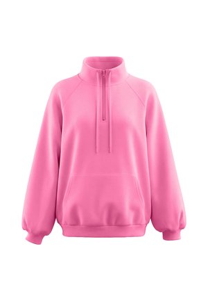 Pink sweatshirt med høj krave, halvlukket lynlås foran, snore, lange puffede ærmer og en frontlommer som en kænguru.