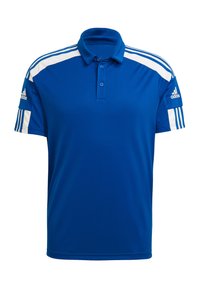 Maglietta polo blu con colletto, tre bottoni e strisce bianche di accento sulle spalle. Presenta il logo Adidas sul maniche sinistro. Texture liscia.