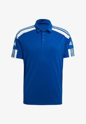 Blaues Poloshirt mit Kragen, drei Knöpfen und weißen Akzentstreifen an den Schultern. Verfügt über das Adidas-Logo am linken Ärmel. Glatte Textur.