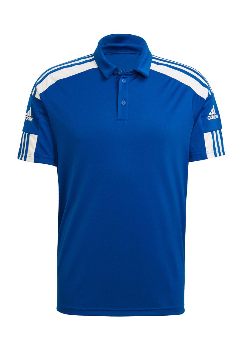 Maglietta polo blu con colletto, tre bottoni e strisce bianche di accento sulle spalle. Presenta il logo Adidas sul maniche sinistro. Texture liscia.