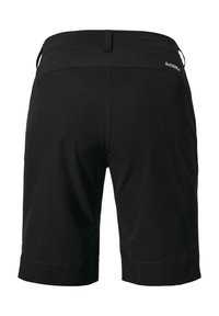 Schwarze Shorts mit einer glatten Textur, ausgestattet mit einem flachen Bund und dezenten Steppnähten. Keine sichtbaren Taschen oder Muster.