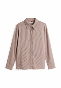 Koszula z długim rękawem w jasnobrązowy i kremowy paski, z klasycznym kołnierzykiem, z przodu zapinana na guziki i z mankietami.