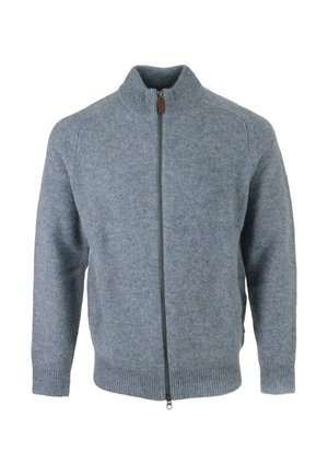 Lichtblauwe gebreide ritstrui met geribde manchetten, zoom en kraag, getoond op een witte achtergrond.