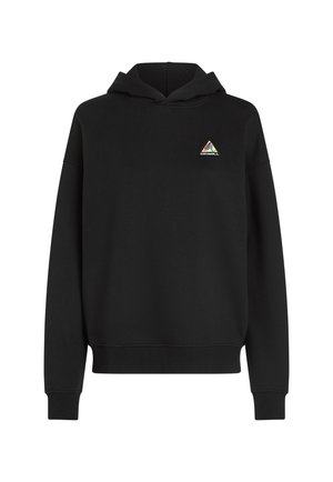 Black hoodie with a kangaroo pocket, adjustable drawstring, and a triangular multicolored logo on the left chest area. Soft material.