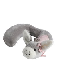 Gray plush neck pillow shaped like a donkey, featuring a smiling face, floppy ears, and a pink patterned scarf around the neck.