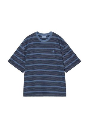 Camiseta de manga corta con rayas horizontales azules y negras, cuello redondo y pequeño logo en el lado izquierdo del pecho.