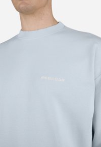 Lyseblå sweatshirt lavet af tekstureret stof, med ribbet halsudskæring og et lille hvidt logo på venstre front.