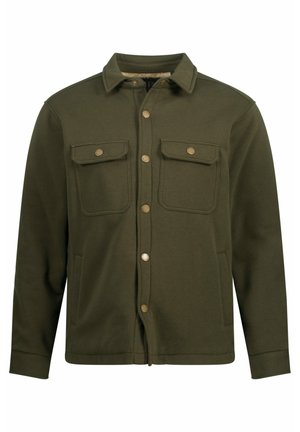 Grüne Sweatjacke mit Druckknöpfen, zwei Brusttaschen und Seitentaschen. Verfügt über einen Kragen und lange Ärmel mit gesäumten Abschlüssen.