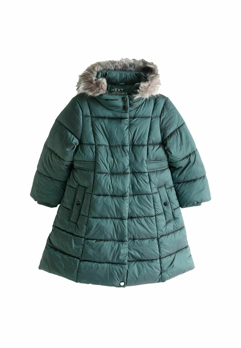 Polstret grøn frakke med en faux fur kant på hætten, der har vandrette kviltede sektioner, to sidelommer og en knaplukning.