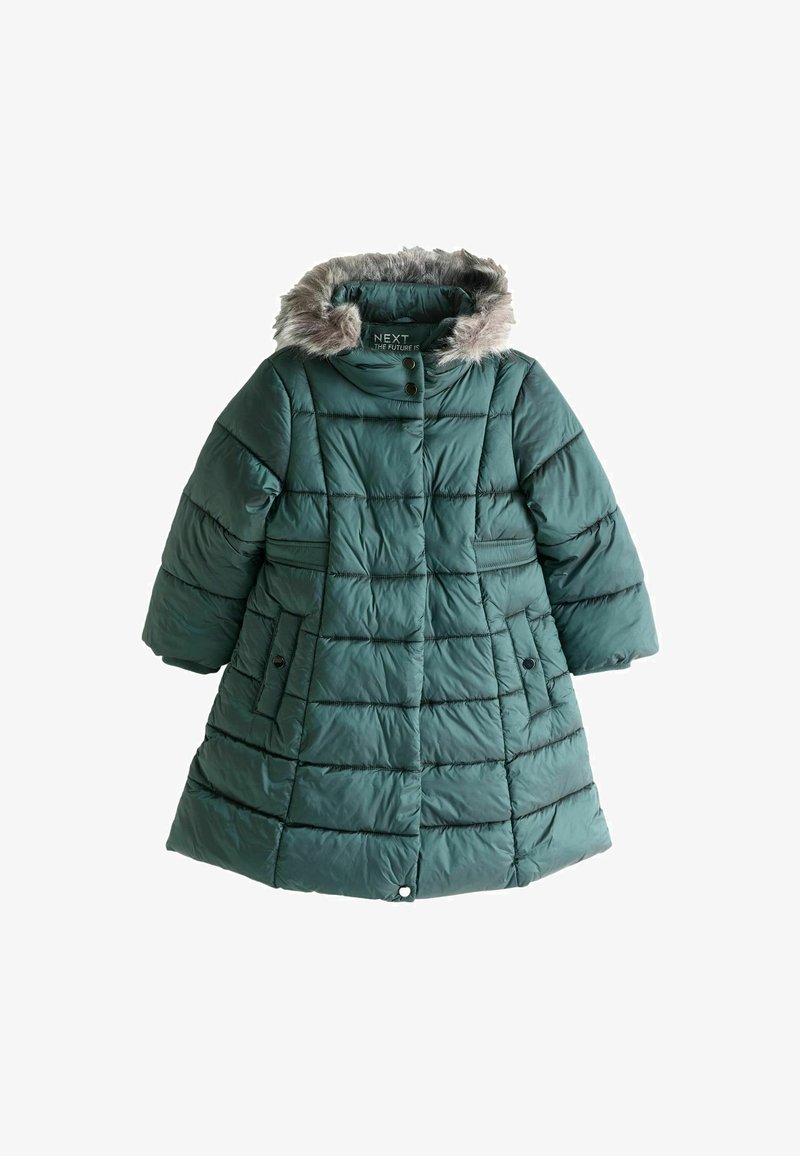 Párnázott zöld kabát, műszőrmével díszített kapucnival, vízszintes steppeléssel, két oldalsó zsebbel és gombos záródással.