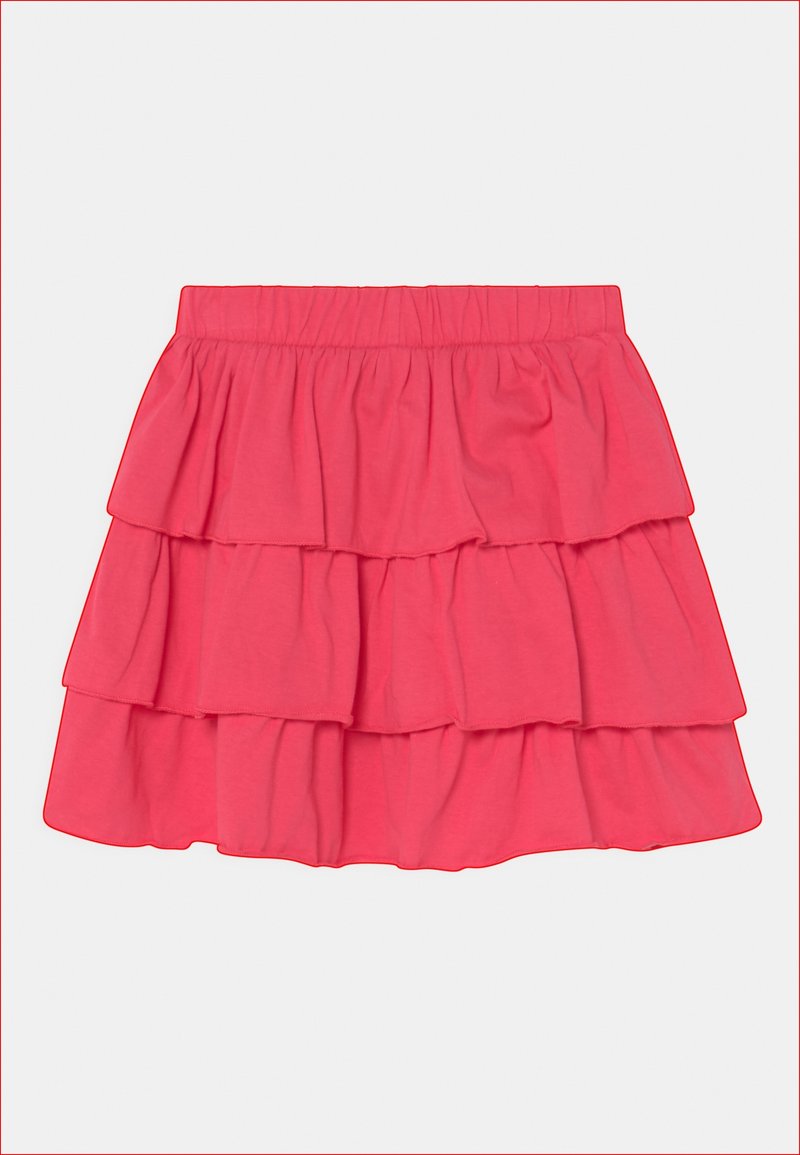 Jupe rose à volants avec taille élastique et trois couches à volants, fabriquée en tissu léger.