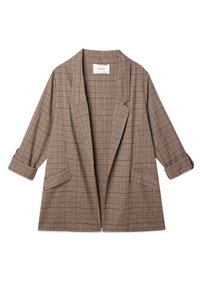Hnědý kostkovaný blazer s volným střihem, otevřeným předním dílem, klopovými reverzy a ohrnutými rukávy. Obsahuje dvě přední kapsy a hladkou texturu.