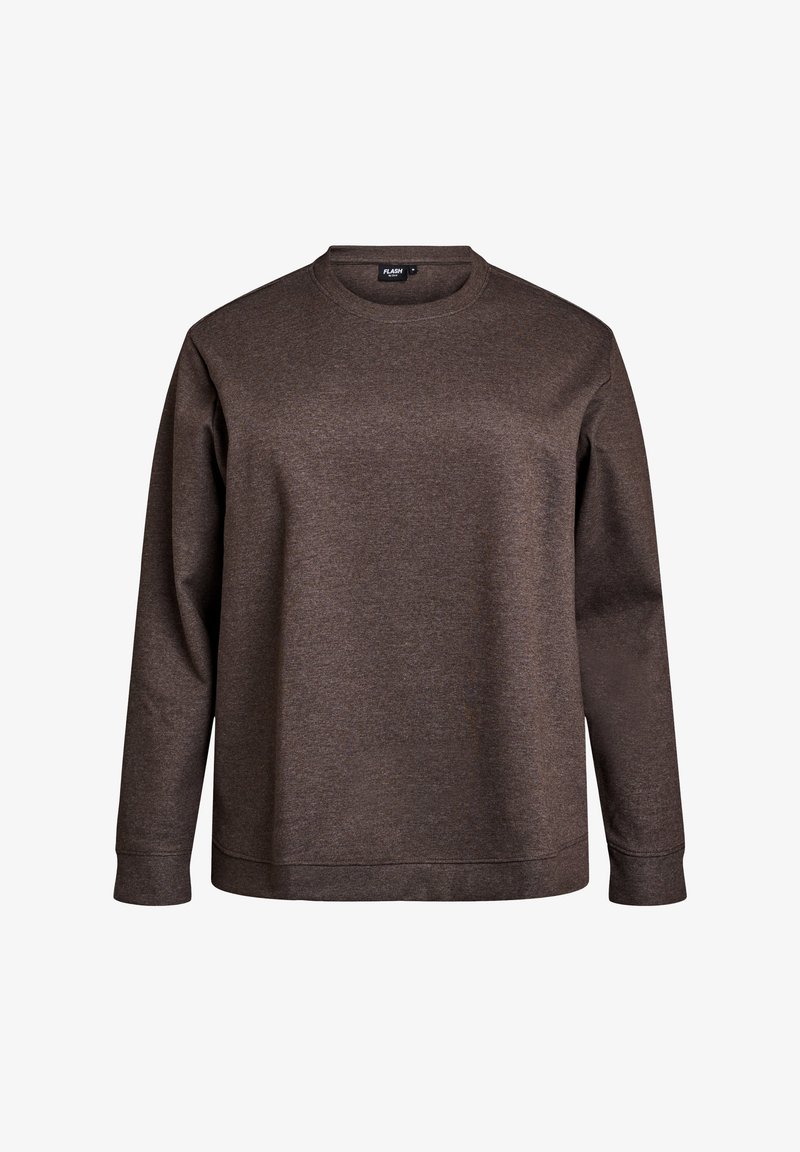 Braunfarbener Langarm-Sweatshirt aus strukturiertem Stoff. Verfügt über einen Rundhalsausschnitt und einen lässigen Schnitt, mit gerippten Bündchen und Saum.