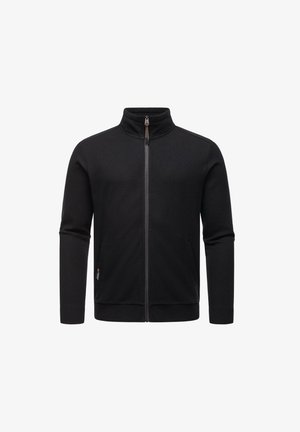 Zwarte zip-up jas met een hoge kraag, lange mouwen en zijzakken. Heeft een gestructureerde stof en een contrasterende rits.