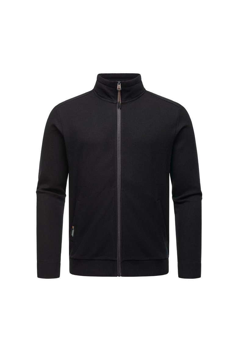 Giacca nera con zip, colletto alto, maniche lunghe e tasche laterali. Presenta un tessuto testurizzato e una zip in contrasto.