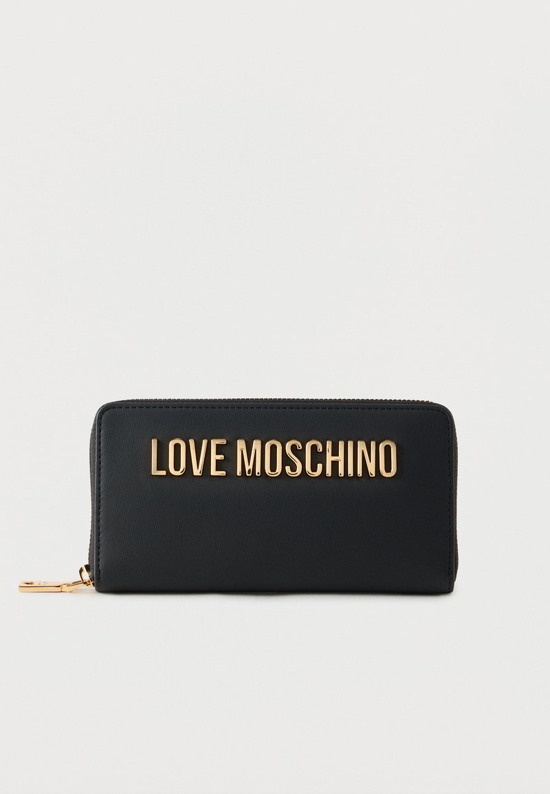 Black faux leather wallet featuring a gold-tone logo "LOVE MOSCHINO" on the front, zip closure, and a smooth texture.
