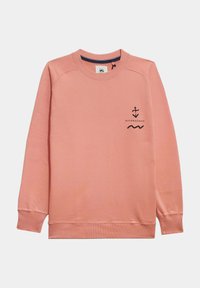 Sudadera rosa con cuello redondo, puños y dobladillo acanalados. Presenta un gráfico de ancla negra y el texto "ALTONADOCK" en la parte frontal. Textura suave.