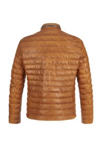 Tanfarbene Leder-Pufferjacke mit gestepptem Design, Stehkragen und ohne sichtbare Hardware oder Akzente. Klare Nähte überall.