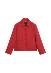 Rote leichte Jacke mit Kragen, durchgehender Knopfleiste und zwei großen aufgesetzten Taschen. Einfaches Design mit langen Ärmeln und lockerer Passform.