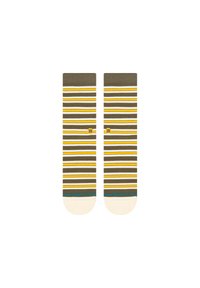 Gestreifte Socken in Grün, Gelb und Weiß. Gerippte Textur mit einer cremefarbenen Zehenpartie. Logo in Blau am Bündchen.