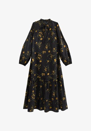 Vestido negro con flores, mangas largas, cuello alto, dobladillo con volantes y estampado floral amarillo sobre una tela suave.