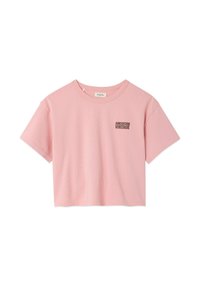 Lyserød cropped t-shirt lavet af bomuld med korte ærmer. Har en simpel rund halsudskæring og teksten "AMERICAN VINTAGE" i mørk print på forsiden.