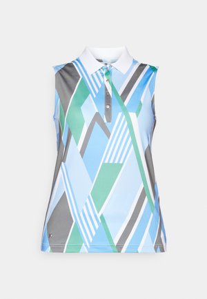Mouwloze polo in blauw, groen en grijs abstract geometrisch patroon. Voorzien van een witte kraag en een drieknoopssluiting. Glad materiaal.