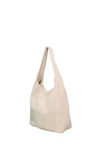 Beige Wildleder Hobo-Tasche mit einer weichen, lässigen Form und einem einzelnen Schulterriemen; zeichnet sich durch dezente Steppnähte und eine glatte, strukturierte Oberfläche aus.