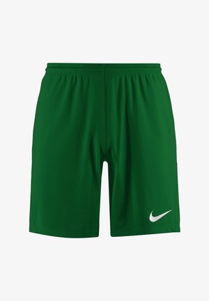 Vihreät urheilushortsit, joissa joustava vyötärönauha ja valkoinen Nike Swoosh -logo alaosan oikeassa jalassa.