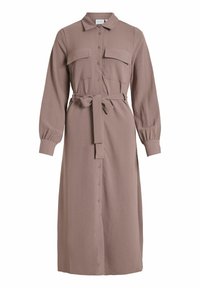 Dlouhá, mauve košilová šaty s límečkem, dvěma náprsními kapsami a odpovídajícím páskem. Má dlouhé rukávy s elastickými manžetami a zapínání na knoflíky.