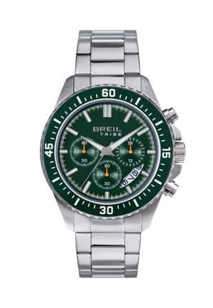 Silberne Metallarmbanduhr mit grünem Zifferblatt, drei Teilzifferblätter, Datumsanzeige und "BREIL TRIBE"-Logo, ausgestattet mit einer drehbaren Lünette und Chronographentasten.