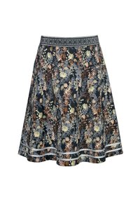 Jupe noire trapèze avec un motif floral complexe en beige, gris et marron, ornée de bandes décoratives près de l'ourlet et de la ceinture.